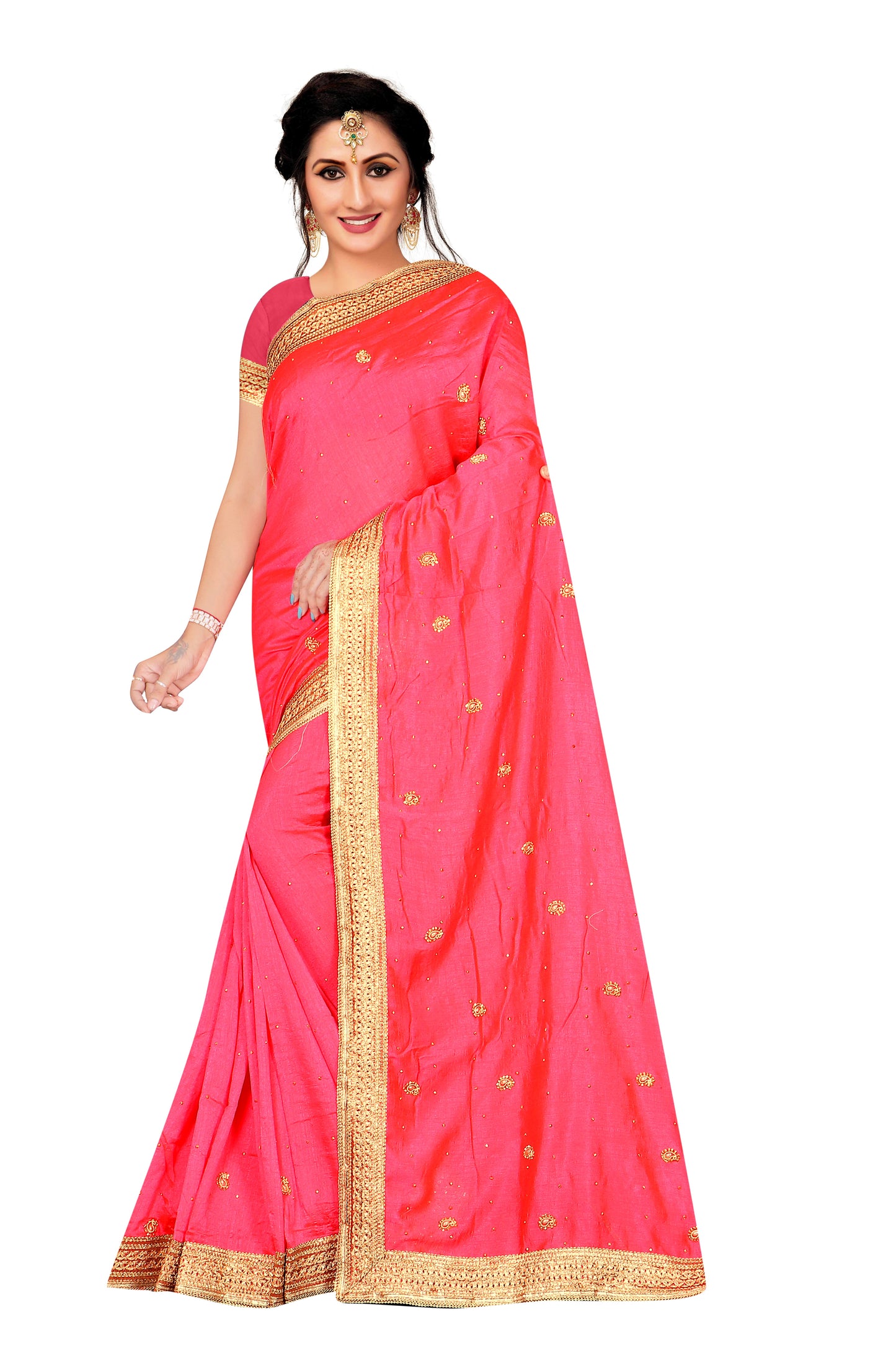 Women's Elegant Pink Silk Saree with Golden Embroidery & Blouse Pieces