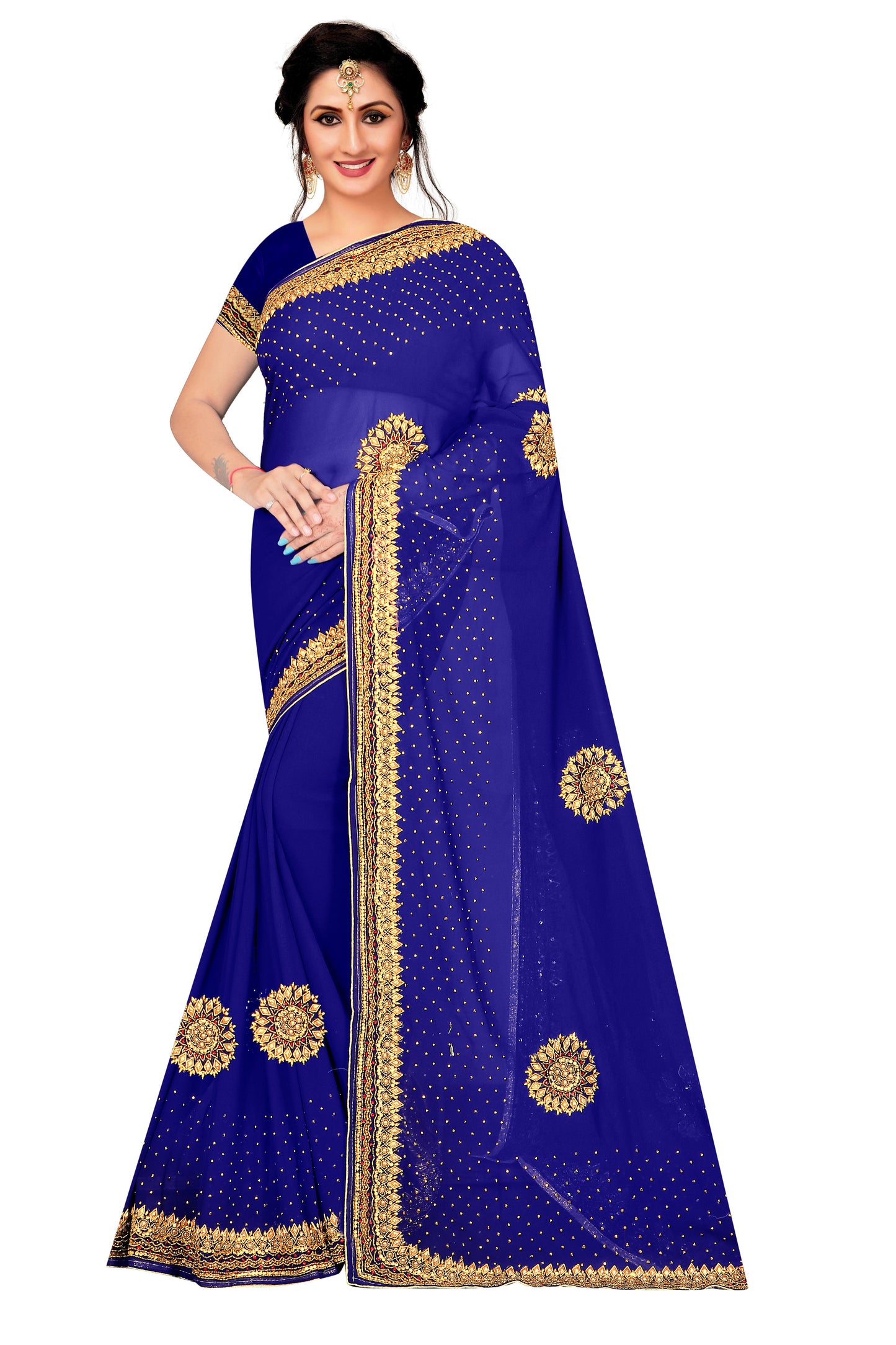 Royal Blue Georgette Saree with Heavy Golden Embroidery and Zari Border