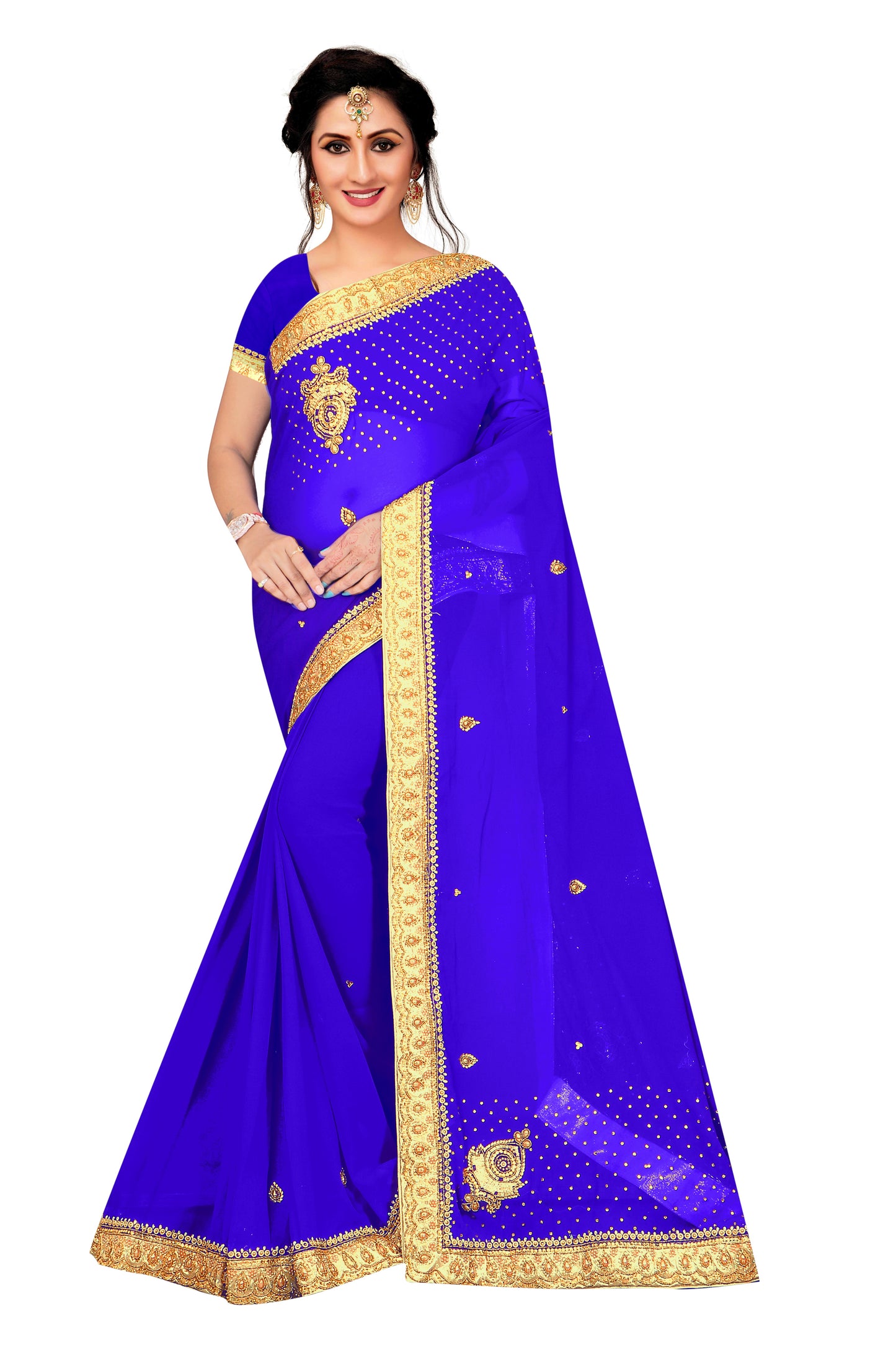 Radiant Rani Pink Saree with Golden Embroidered Border & Stone Work – Perfect for Weddings & Festive Occasions