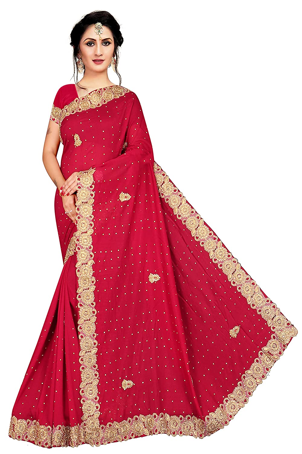 Red Heavy Embroidered Saree with Golden Border - Traditional Indian Women's Wear