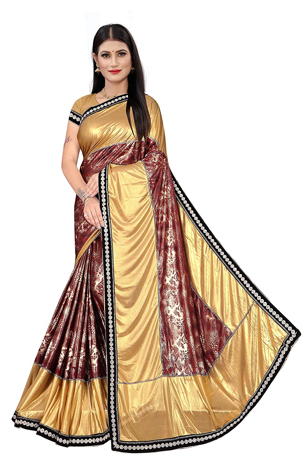 Luxurious Golden & Maroon Designer Saree with Intricate Black Border and Elegant Lace Detailing
