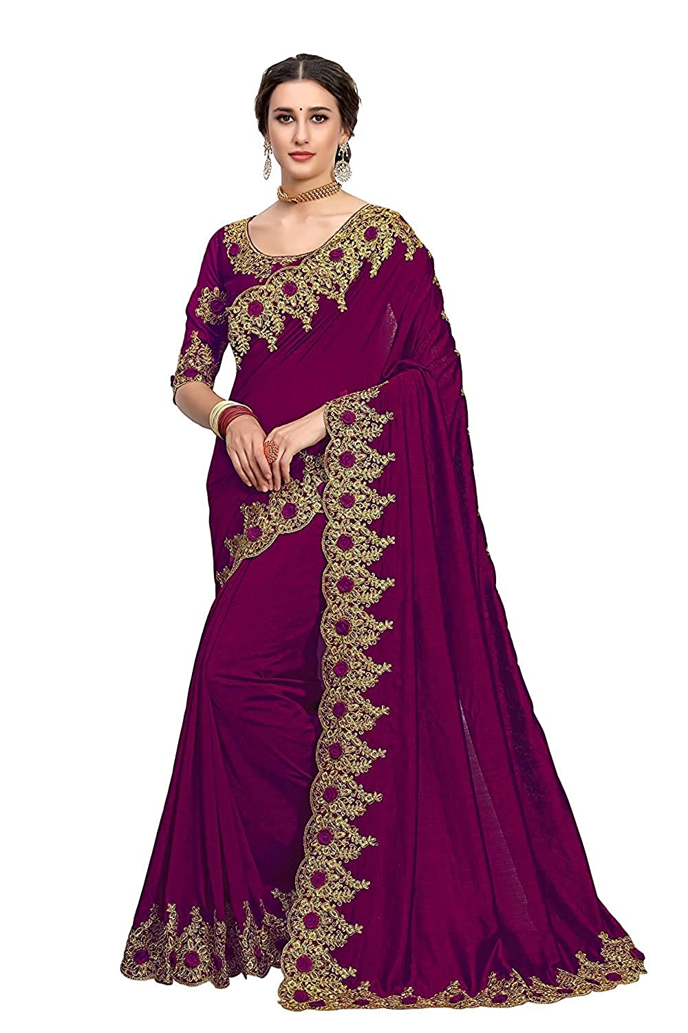 Maroon Velvet Heavy Embroidered Saree with Golden Lace Border - Elegant Party & Wedding Wear
