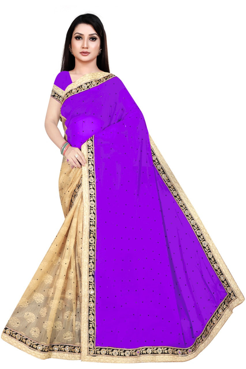 Royal Purple & Beige Net Saree with Sequin Work and Embroidered Border