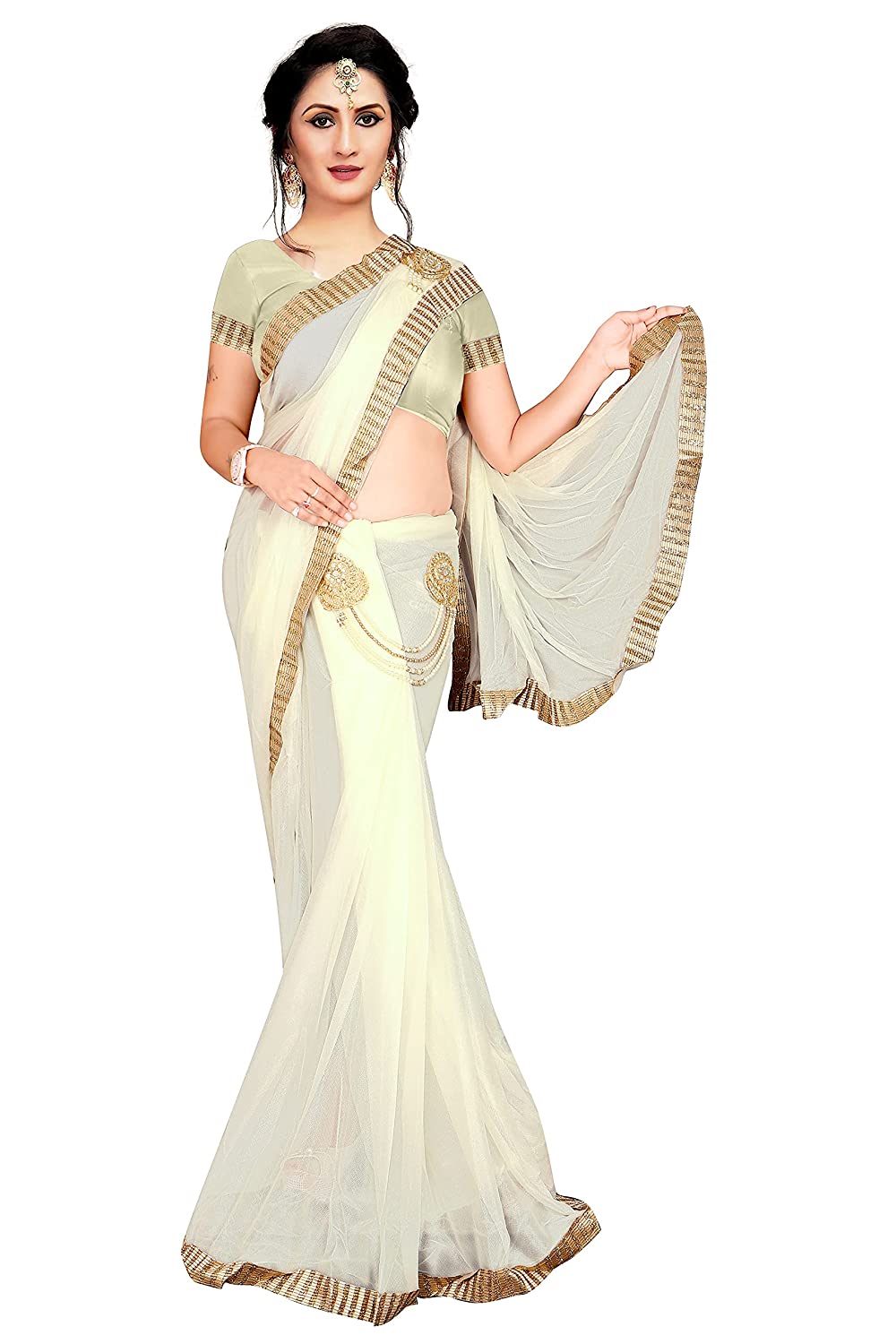 Elegant Cream Net Saree with Golden Lace Border and Stylish Blouse – Perfect for Weddings & Parties