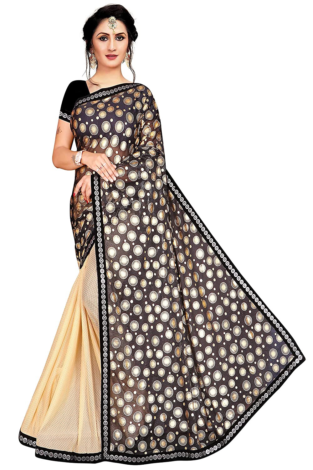 Title: Elegant Black and Beige Net Saree with Golden Circular Sequin Work