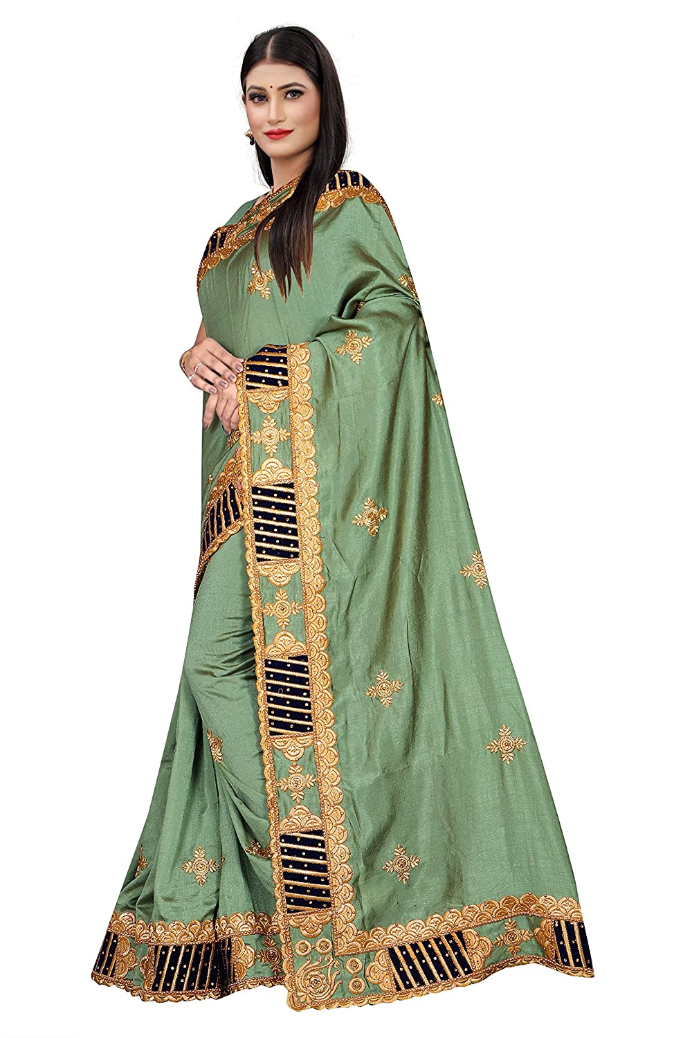 Elegant Olive Green Silk Saree with Navy Blue Velvet Patch and Golden Embroidery Border