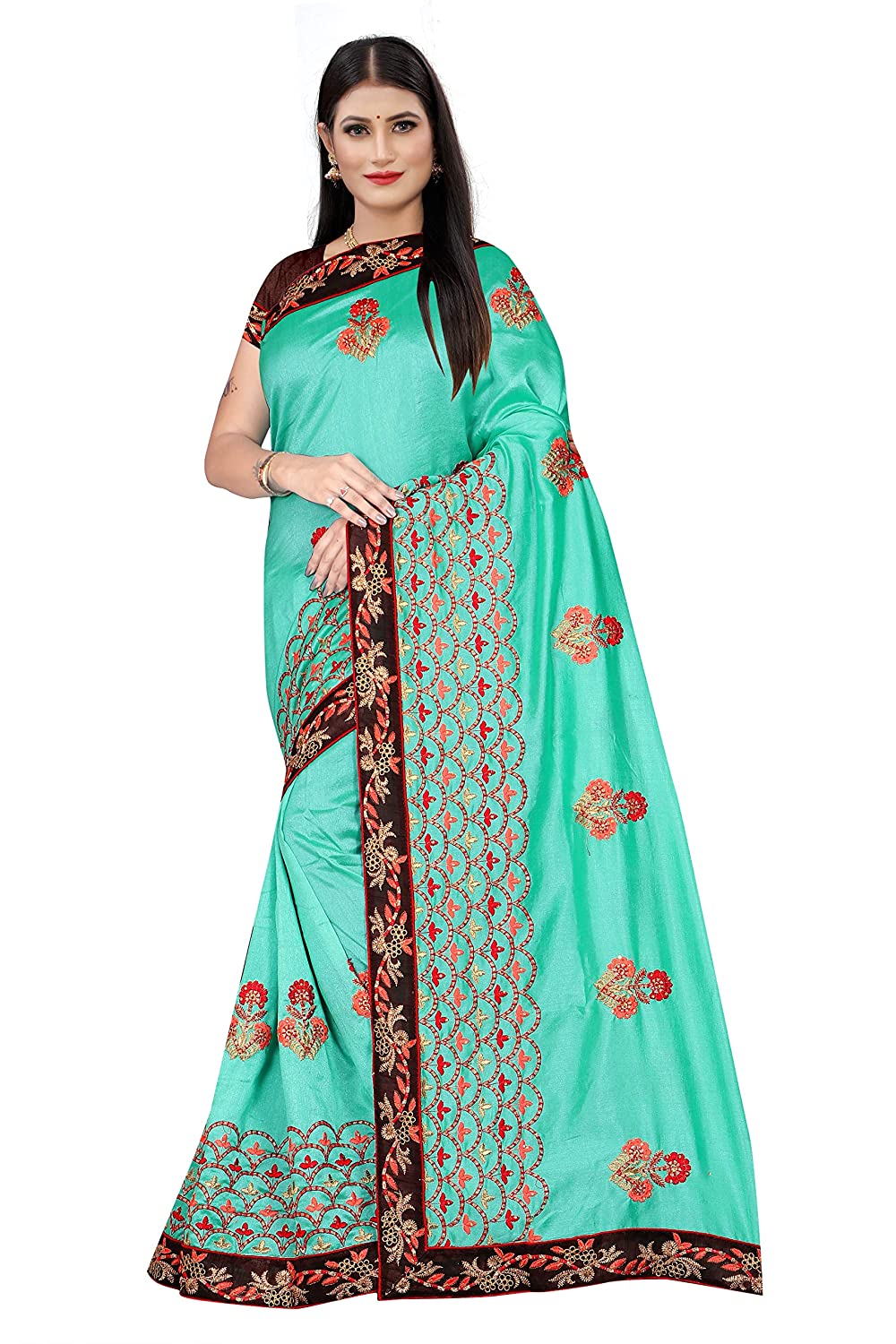 Elegant Aqua Blue Embroidered Saree with Rich Floral Border & Contrast Pallu – Perfect for Festive & Traditional Occasions