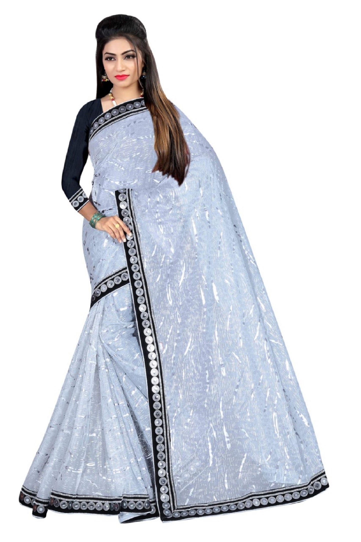 Elegant Silver Shine Georgette Saree with Mirror Work Border