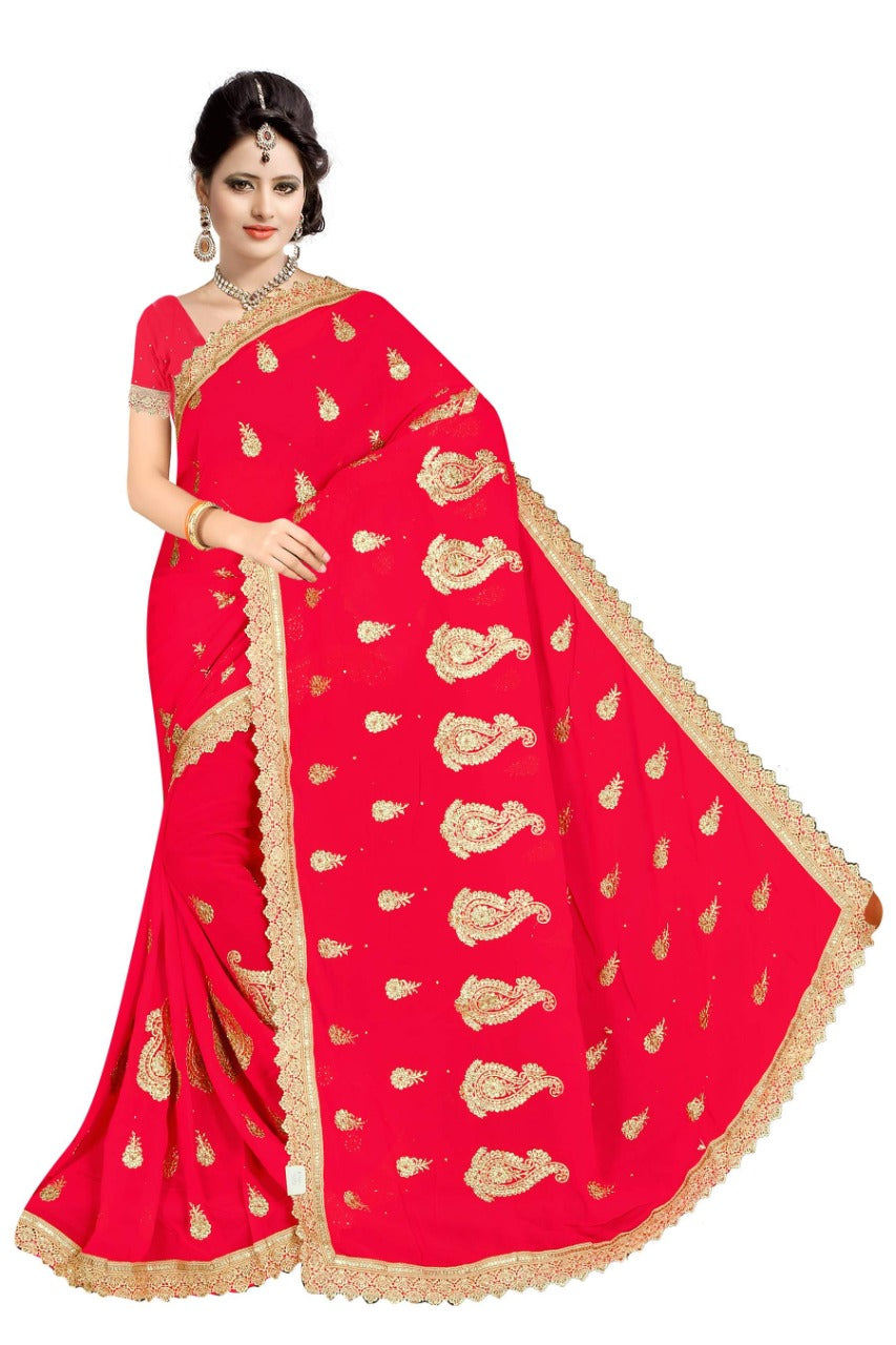 Royal Red Georgette Saree with Golden Zari Embroidery Work