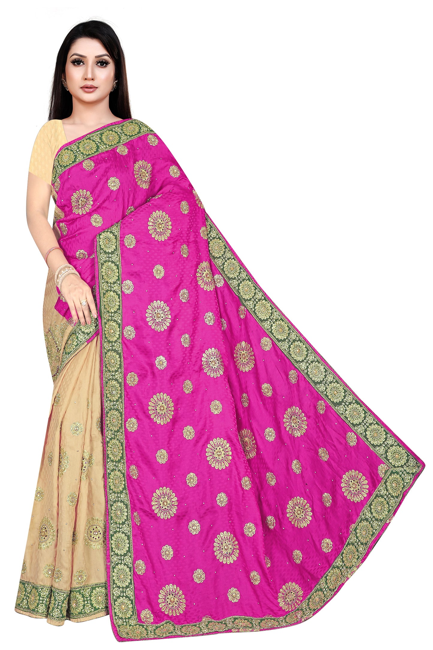 Royal Rani Pink Embroidered Banarasi Silk Saree with Beige Contrast Pleats