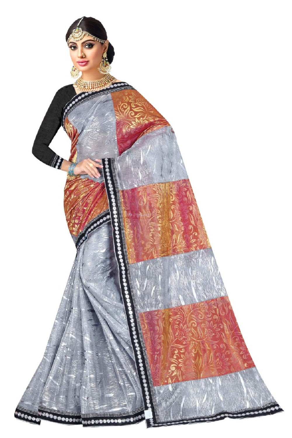Elegant Grey Designer Saree with Black & Silver Embellished Border - Party & Festive Wear