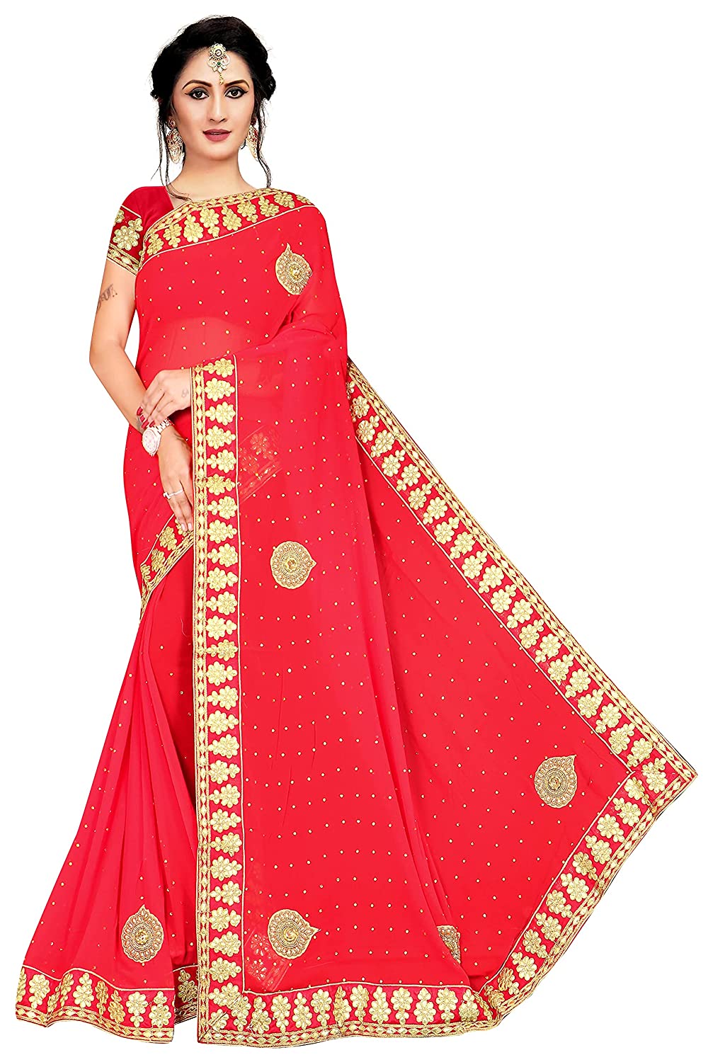 Red Georgette Saree with Intricate Gold Embroidery – Perfect for Celebrations"
