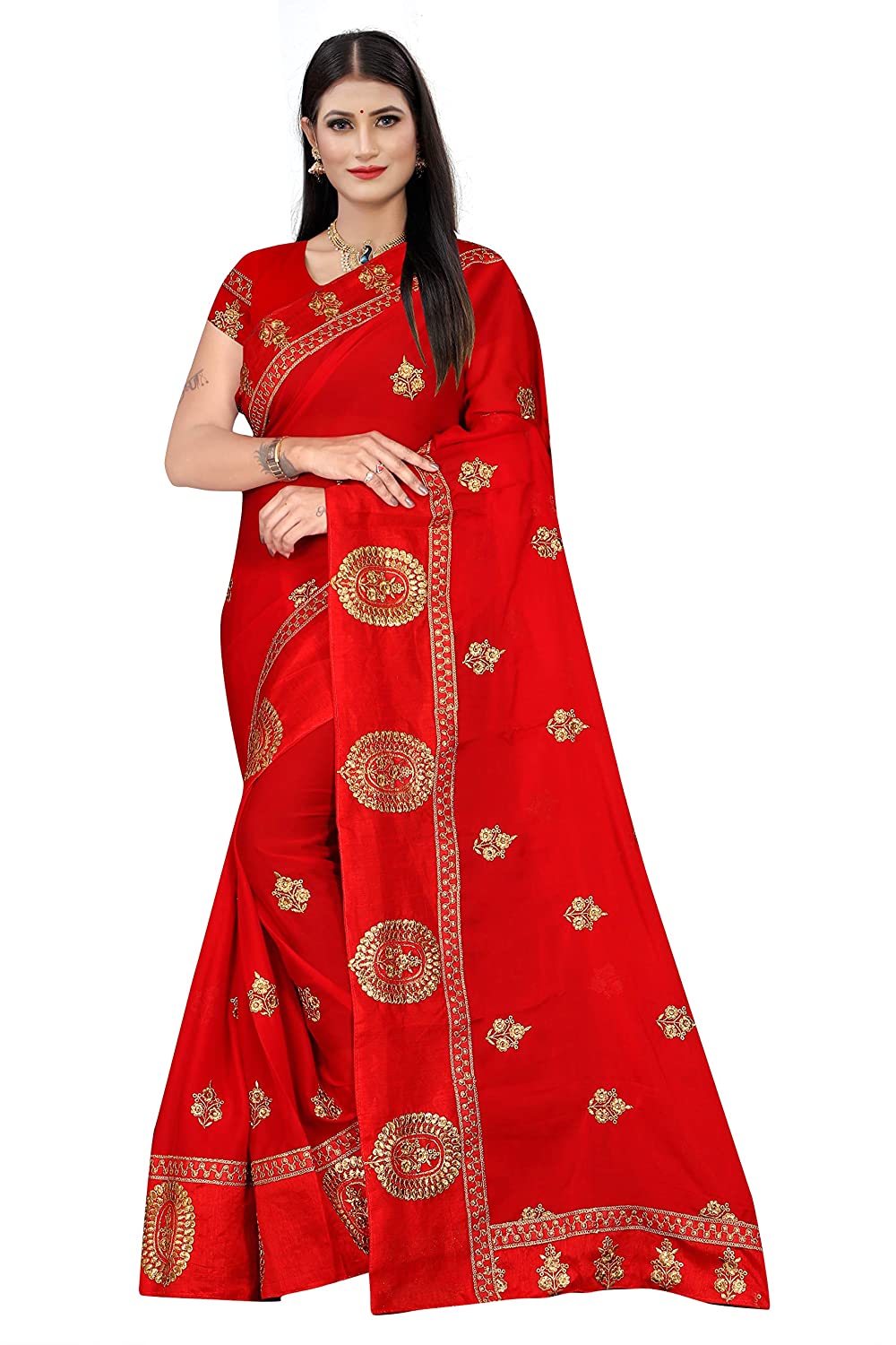 "Traditional Red Saree with Golden Embroidery – Perfect for Weddings & Festivals"