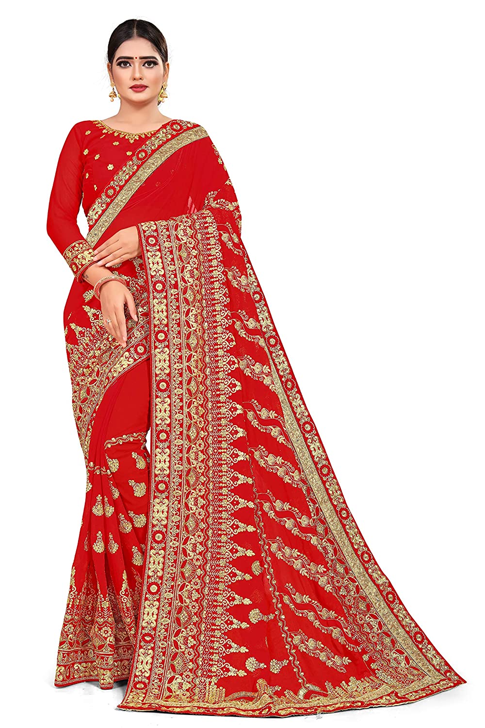 Royal Red Bridal Heavy Embroidered Saree with Designer Blouse – Perfect for Weddings, Festive Occasions & Grand Celebrations