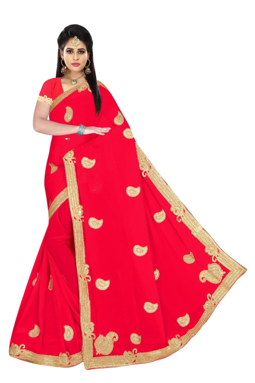 Elegant Red Georgette Saree with Rich Golden Zari Border and Embroidery Work