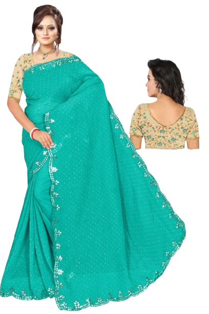 Turquoise Blue Georgette Saree with Floral Mirror Work Border & Designer Beige Blouse