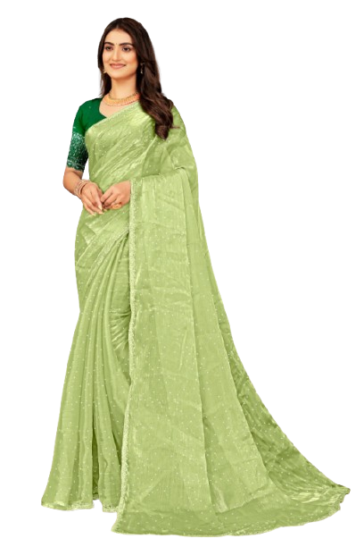 Elegant Light Green Georgette Saree with Designer Contrast Blouse – Perfect for Festive & Party Wear