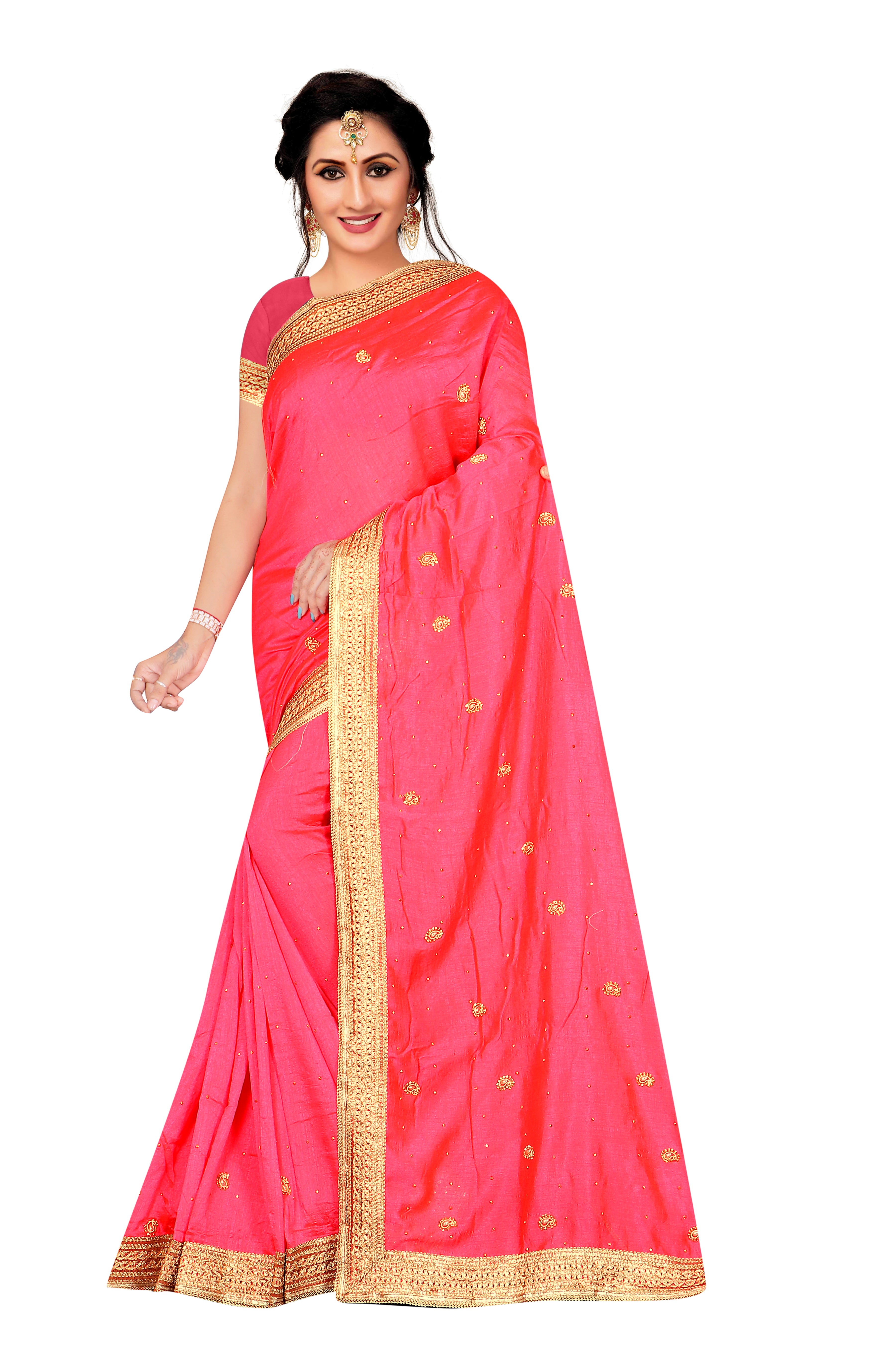 Women's Elegant Pink Silk Saree with Golden Embroidery & Blouse Pieces