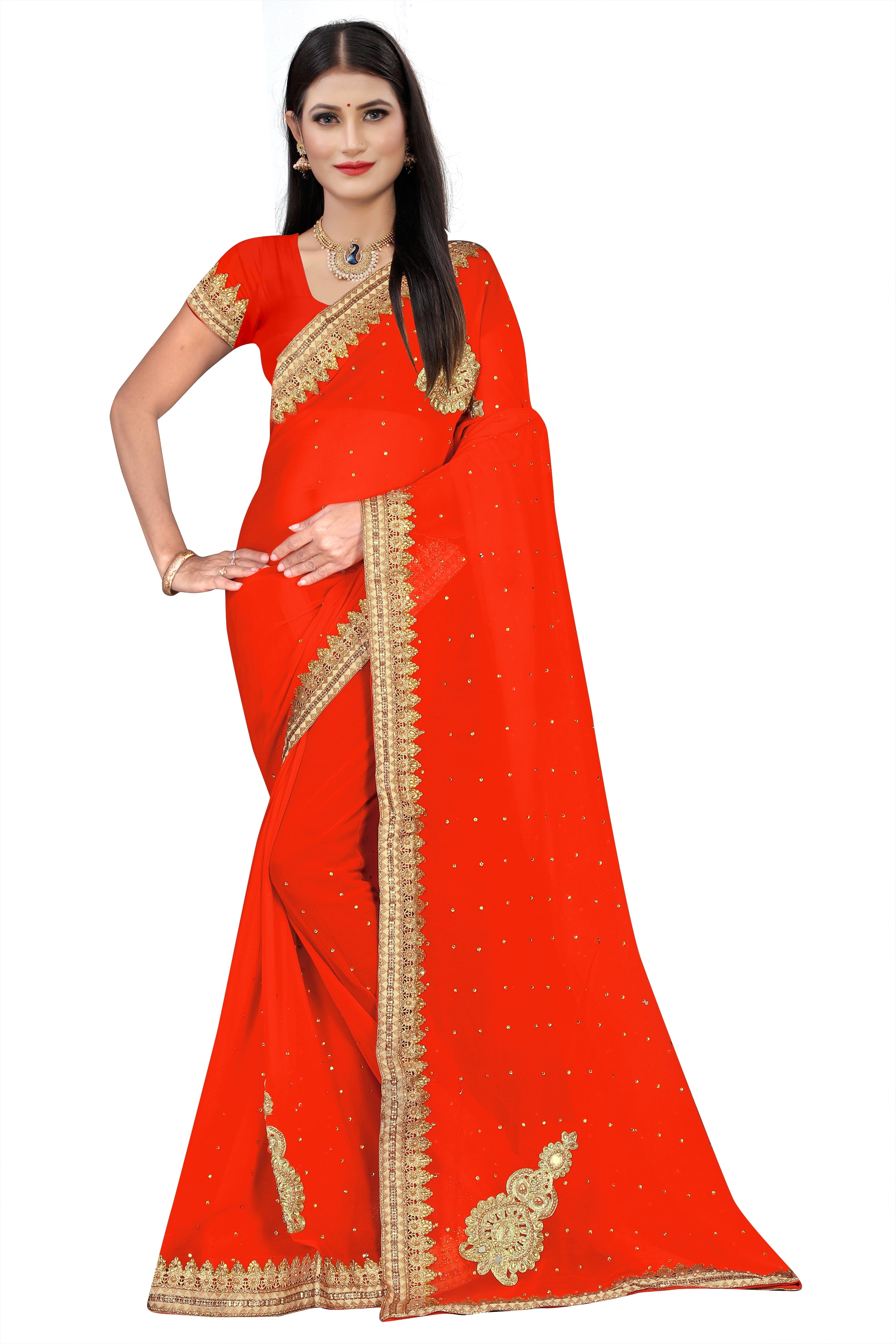 Elegant Red Georgette Saree with Golden Embroidery and Designer Lace Border