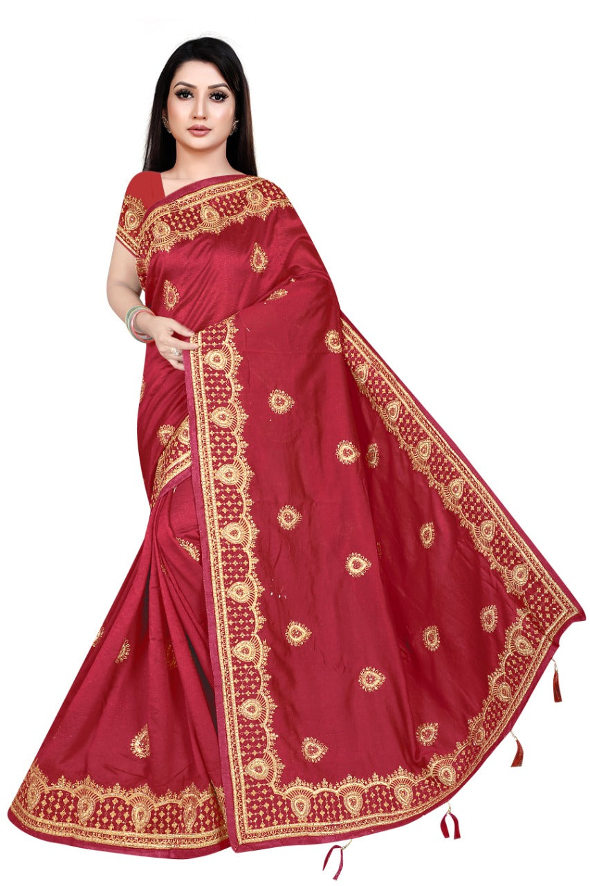 Elegant Maroon Silk Blend Saree with Rich Golden Embroidery