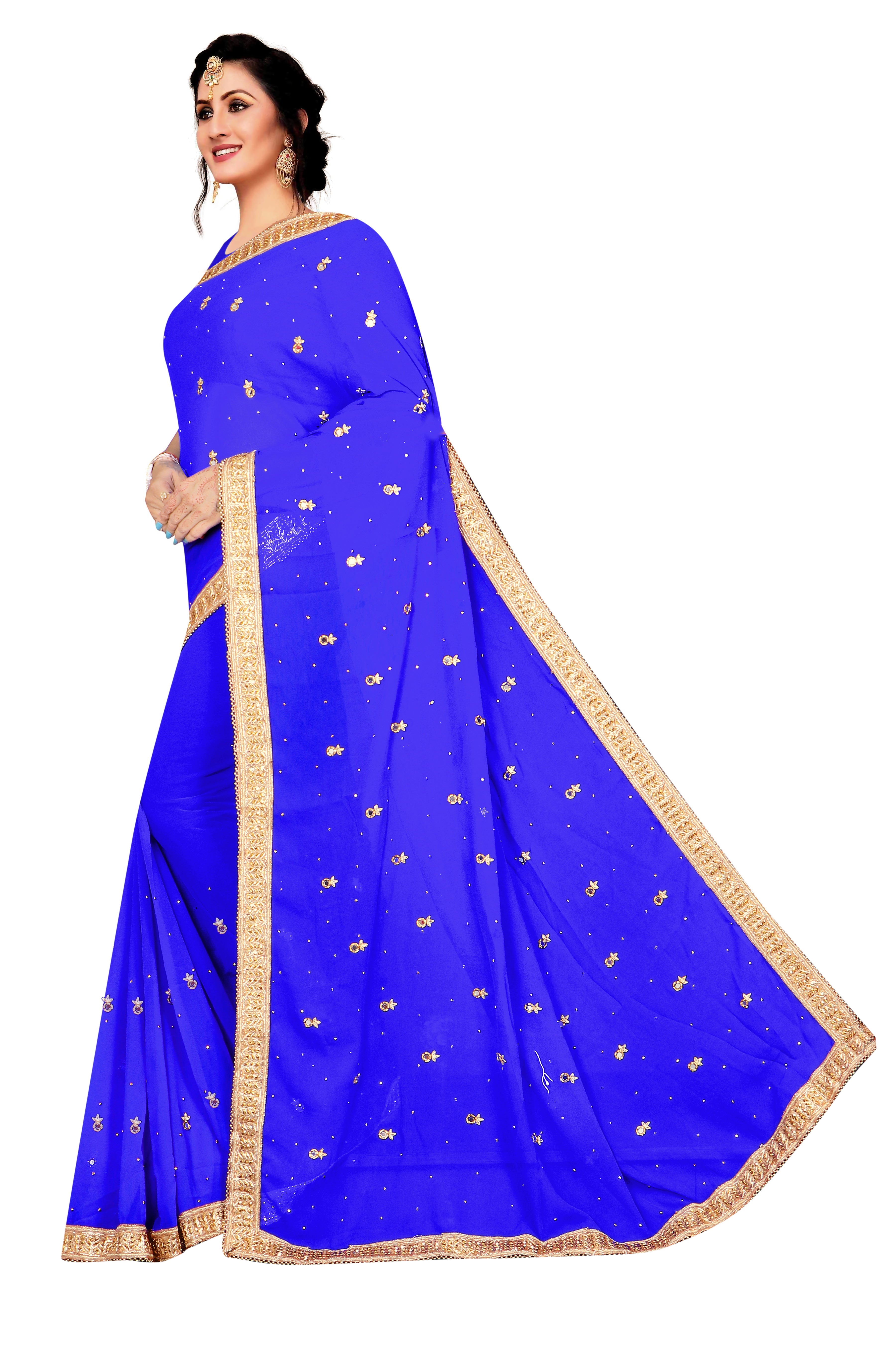 Royal Blue Georgette Saree with Golden Embroidery and Zari Border