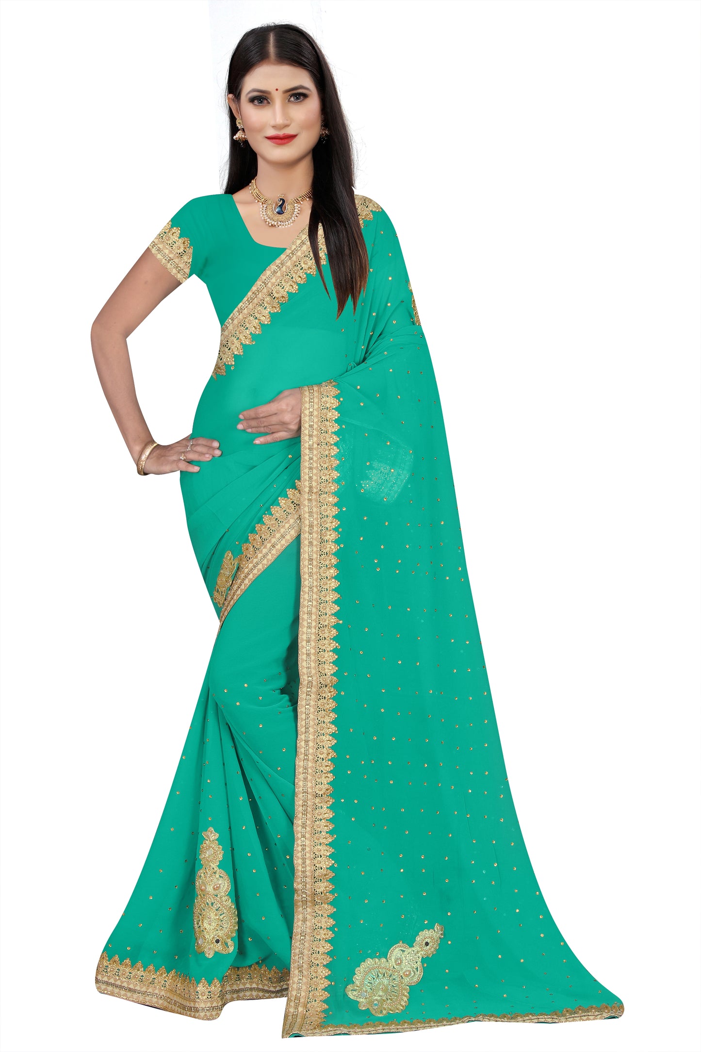 Elegant Red Georgette Saree with Golden Embroidery and Designer Lace Border