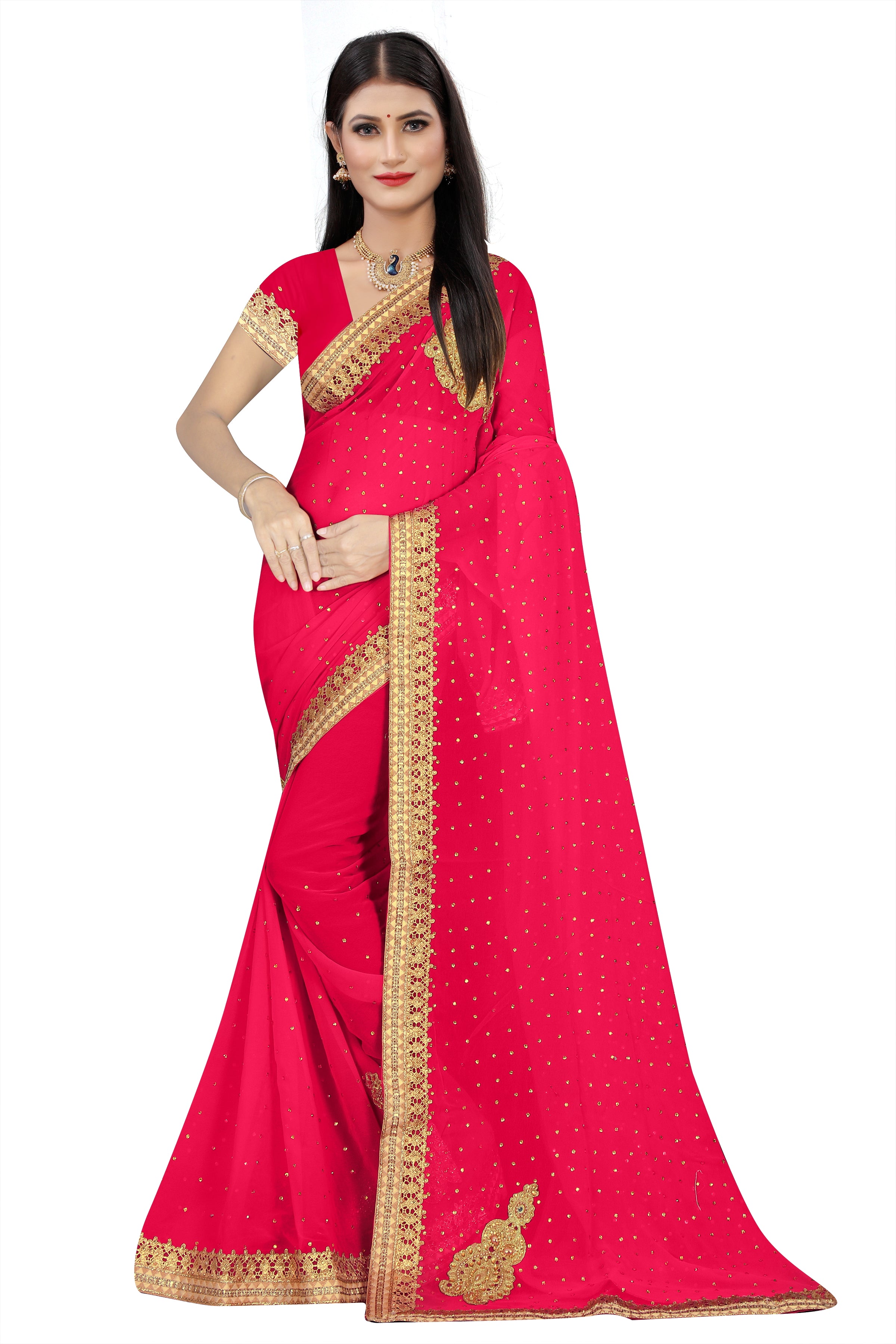 Elegant Red Georgette Saree with Golden Embroidery and Designer Lace Border