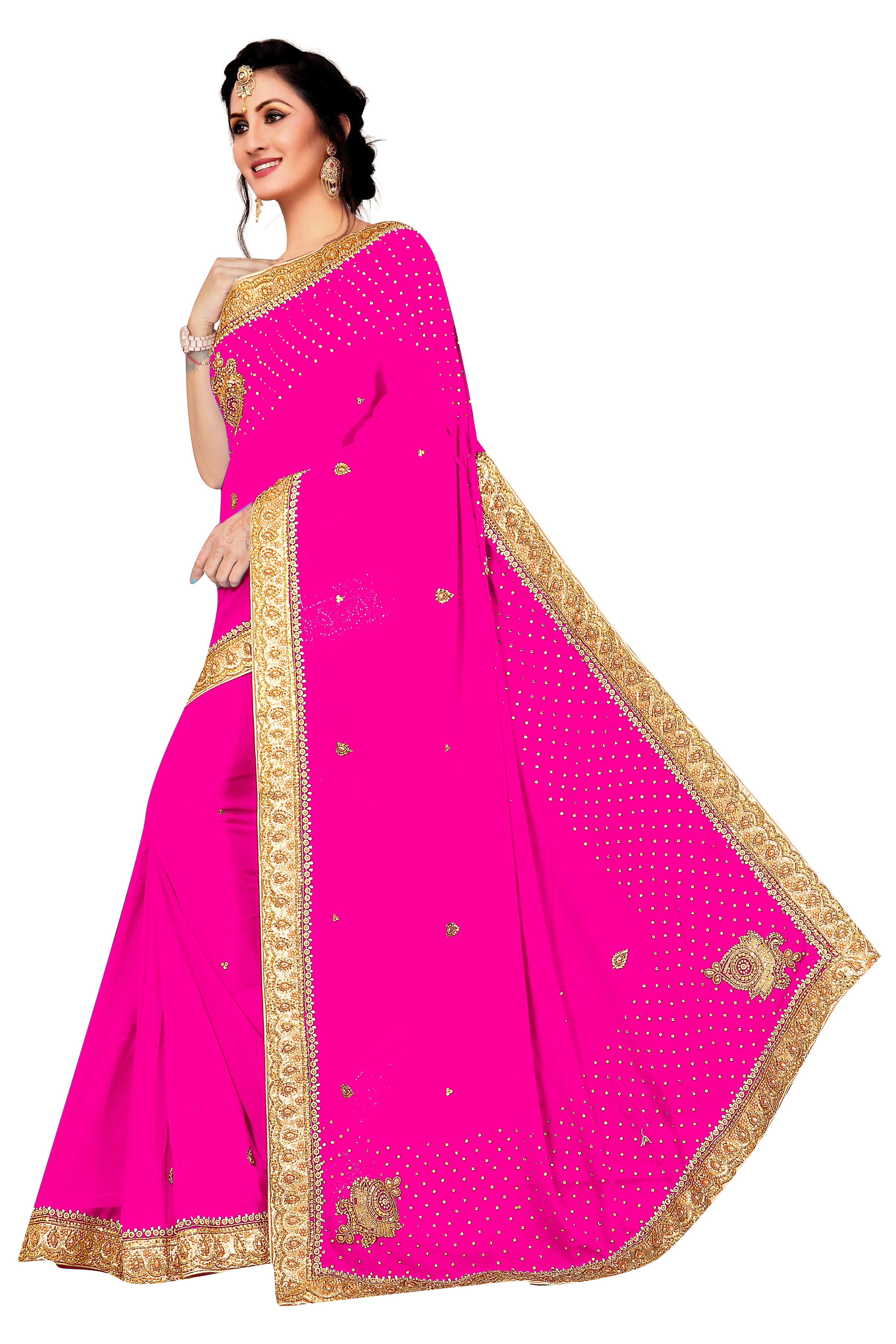 Radiant Rani Pink Saree with Golden Embroidered Border & Stone Work – Perfect for Weddings & Festive Occasions