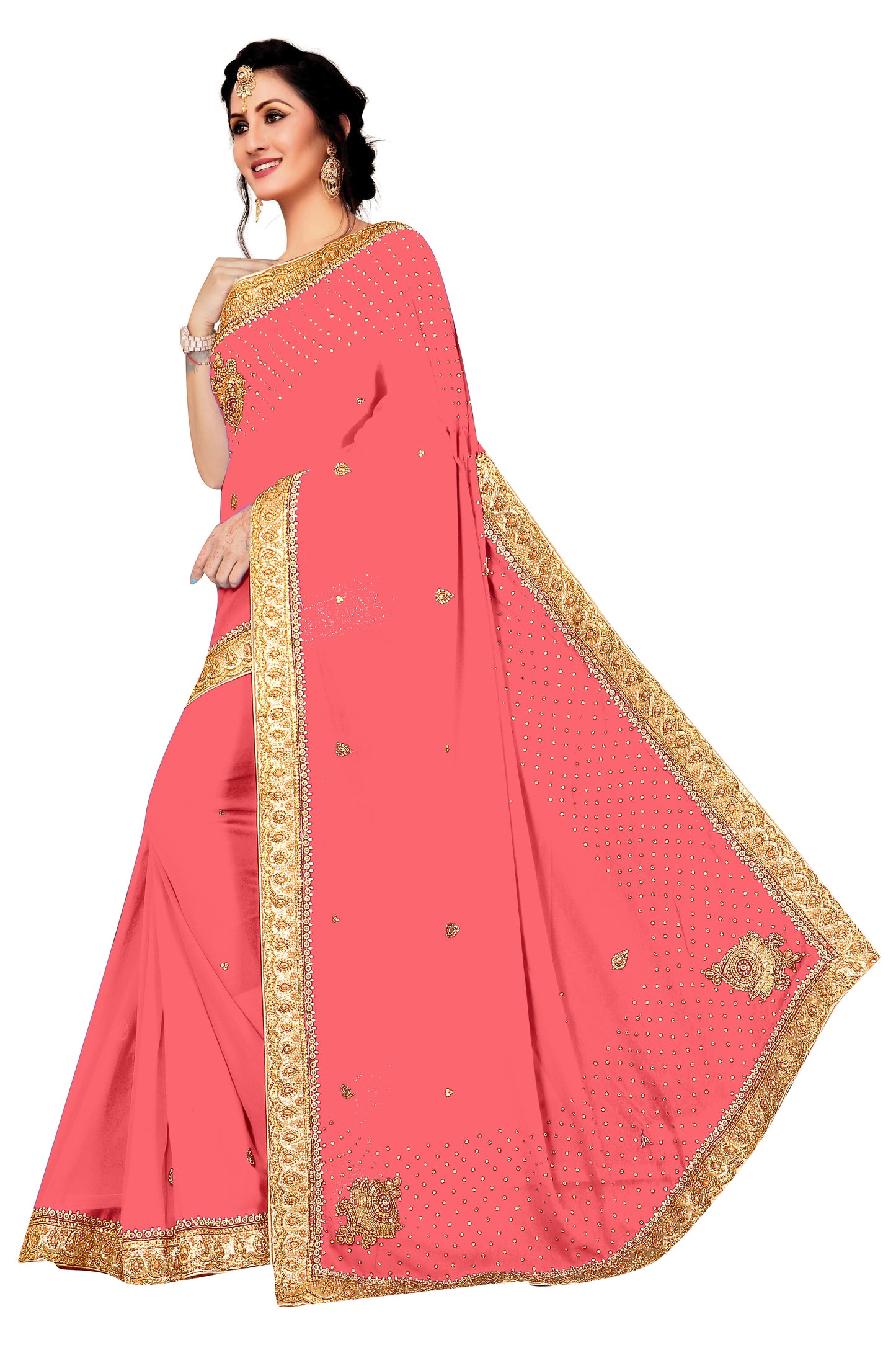 Radiant Rani Pink Saree with Golden Embroidered Border & Stone Work – Perfect for Weddings & Festive Occasions