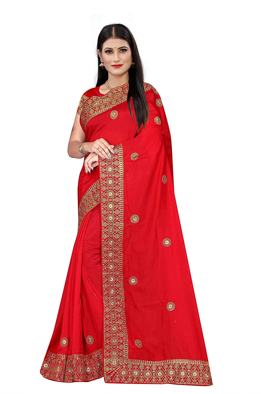 Red Embroidered Traditional Saree with Heavy Golden Border & Motifs