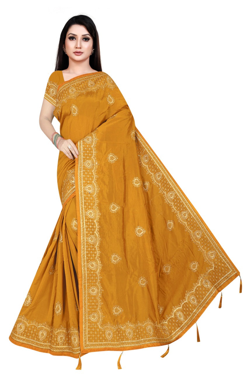 Elegant Maroon Silk Blend Saree with Rich Golden Embroidery