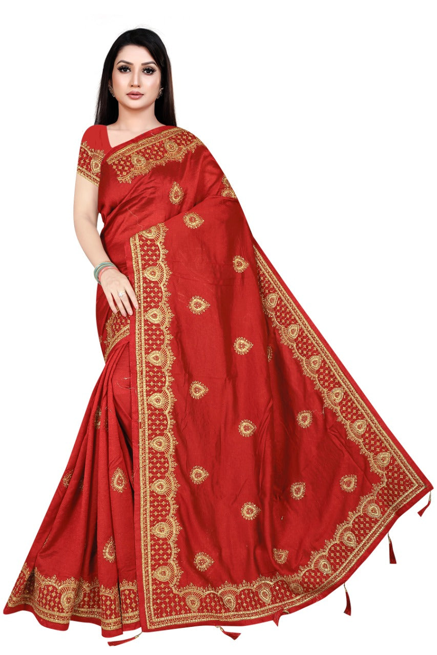 Elegant Maroon Silk Blend Saree with Rich Golden Embroidery