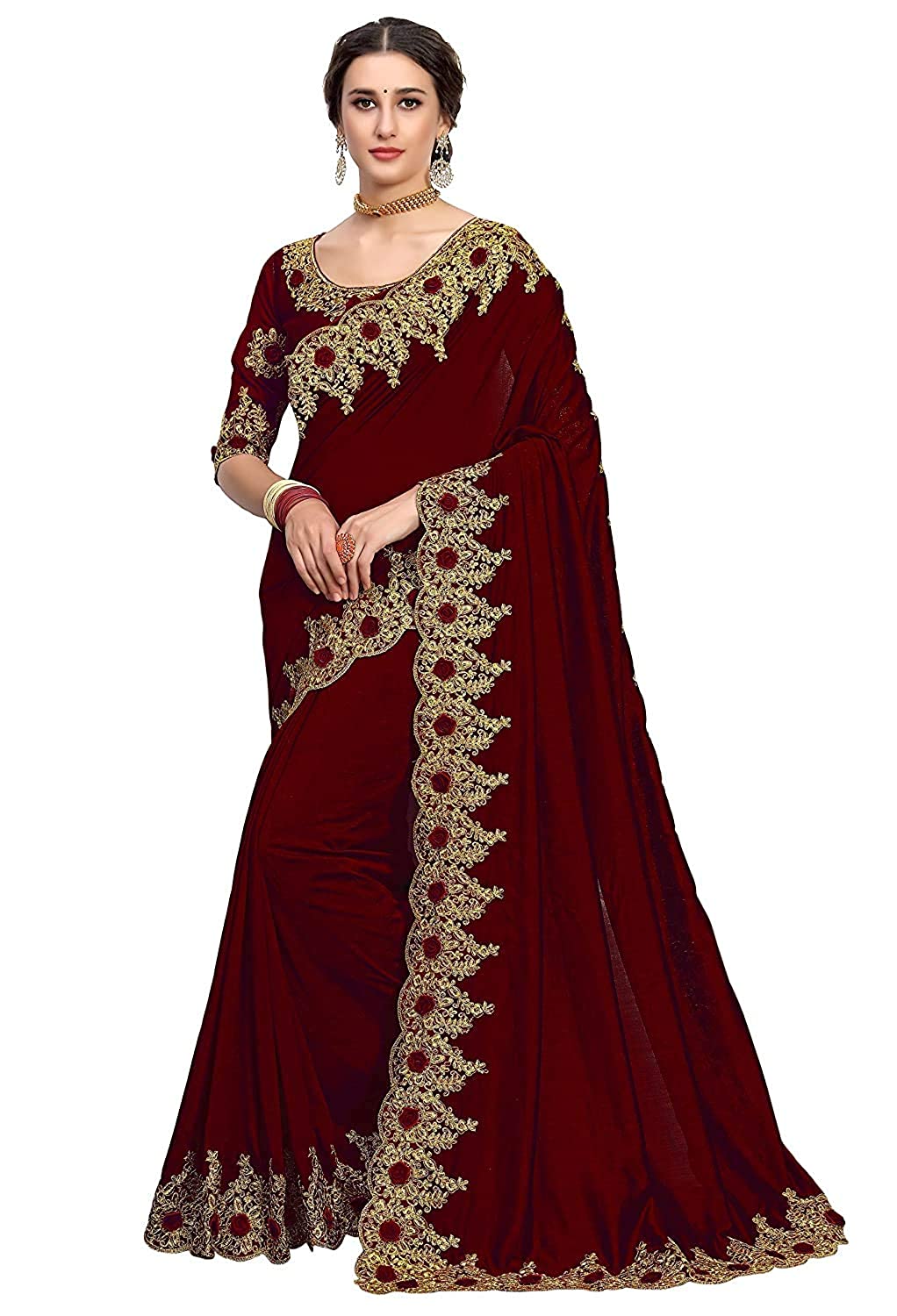 Maroon Velvet Heavy Embroidered Saree with Golden Lace Border - Elegant Party & Wedding Wear