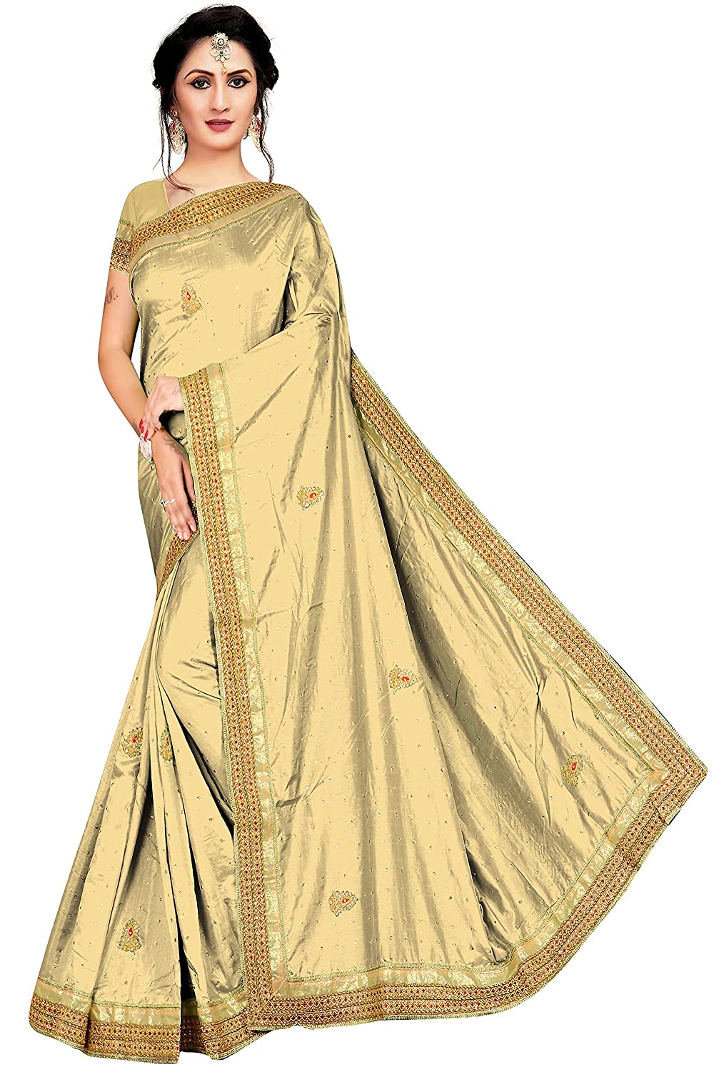 Elegant Beige Silk Saree with Intricate Golden Embroidery and Traditional Zari Border – Perfect for Weddings & Festive Occasions