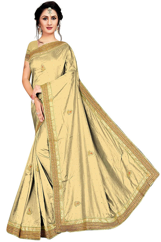 Elegant Beige Silk Saree with Intricate Golden Embroidery and Traditional Zari Border – Perfect for Weddings & Festive Occasions