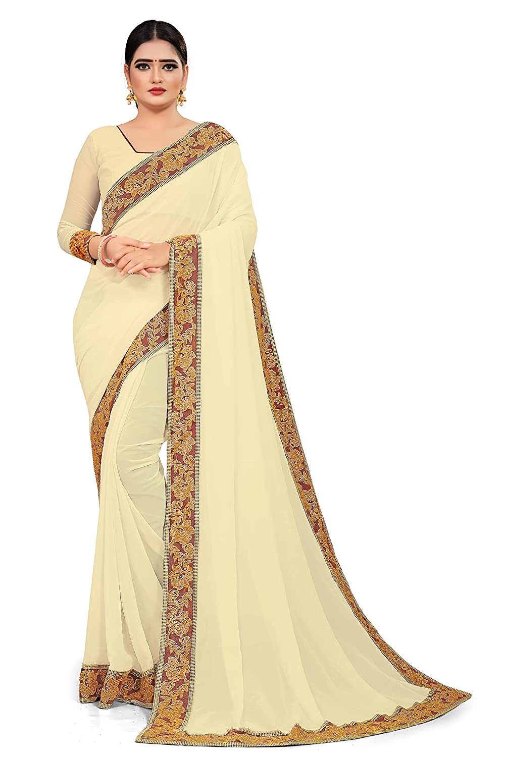 Elegant Cream Georgette Saree with Rich Floral Embroidered Border – Perfect for Festive & Party Wear