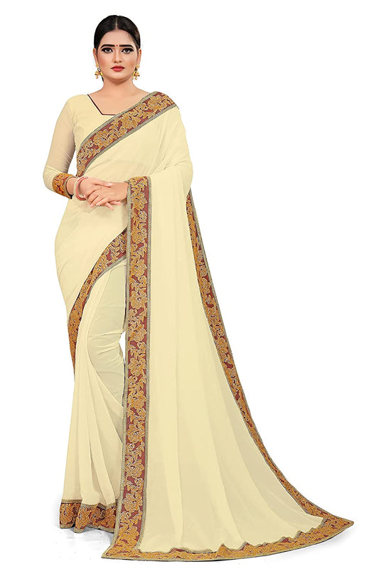 Elegant Cream Georgette Saree with Rich Floral Embroidered Border – Perfect for Festive & Party Wear