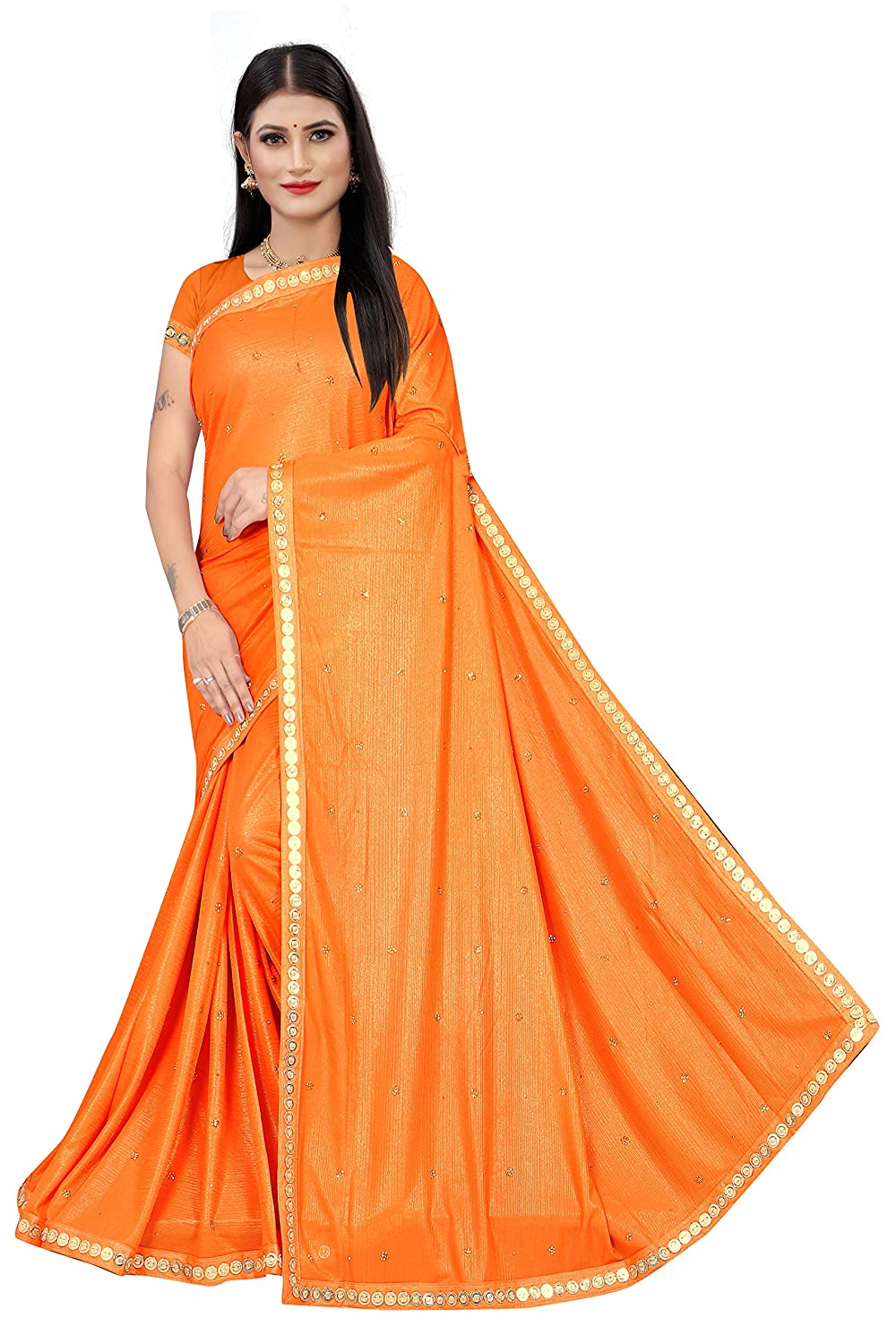 Elegant Orange Georgette Saree with Mirror Work Border