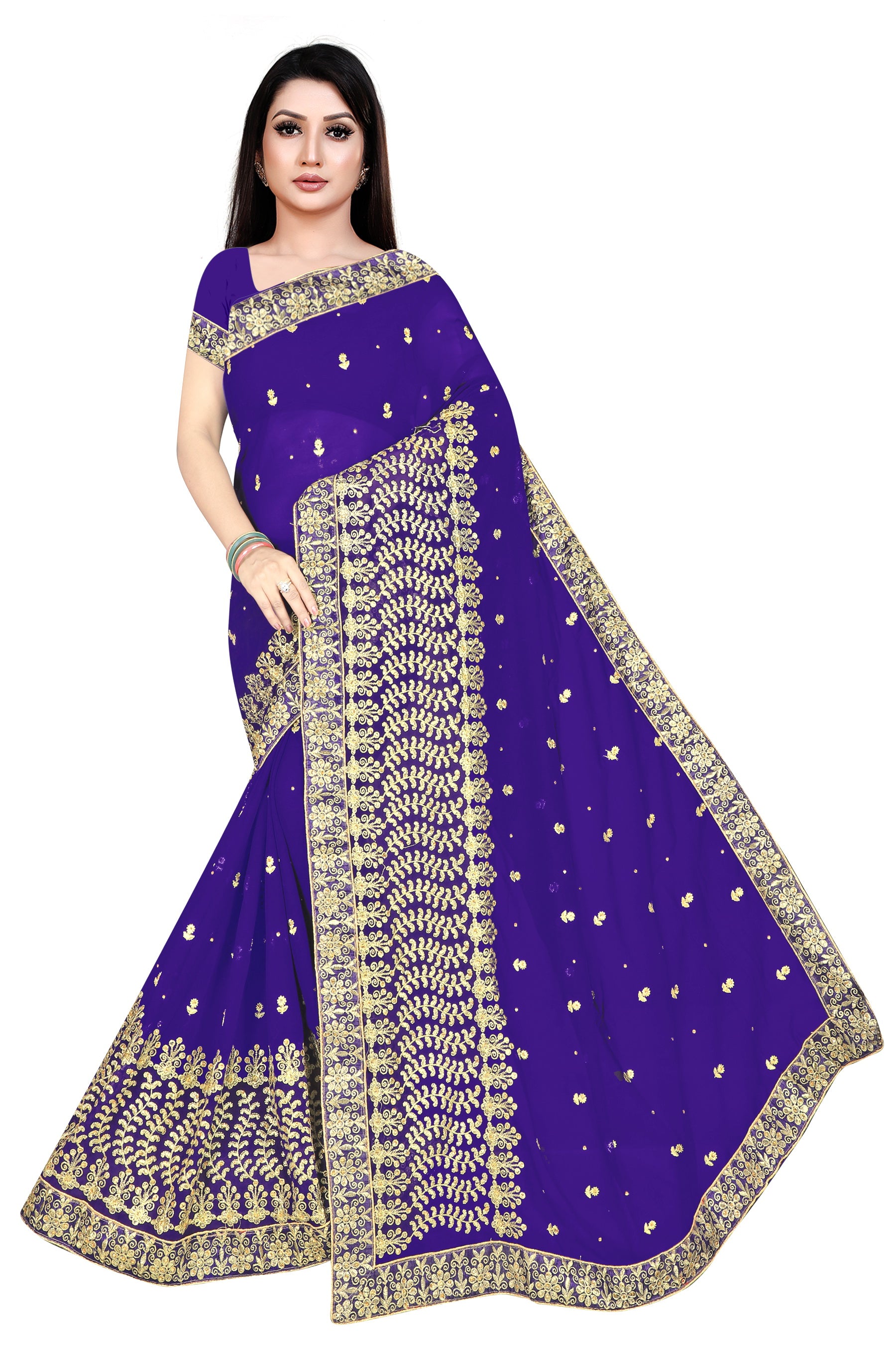 Royal Purple Georgette Embroidered Saree with Zari Work and Sequins