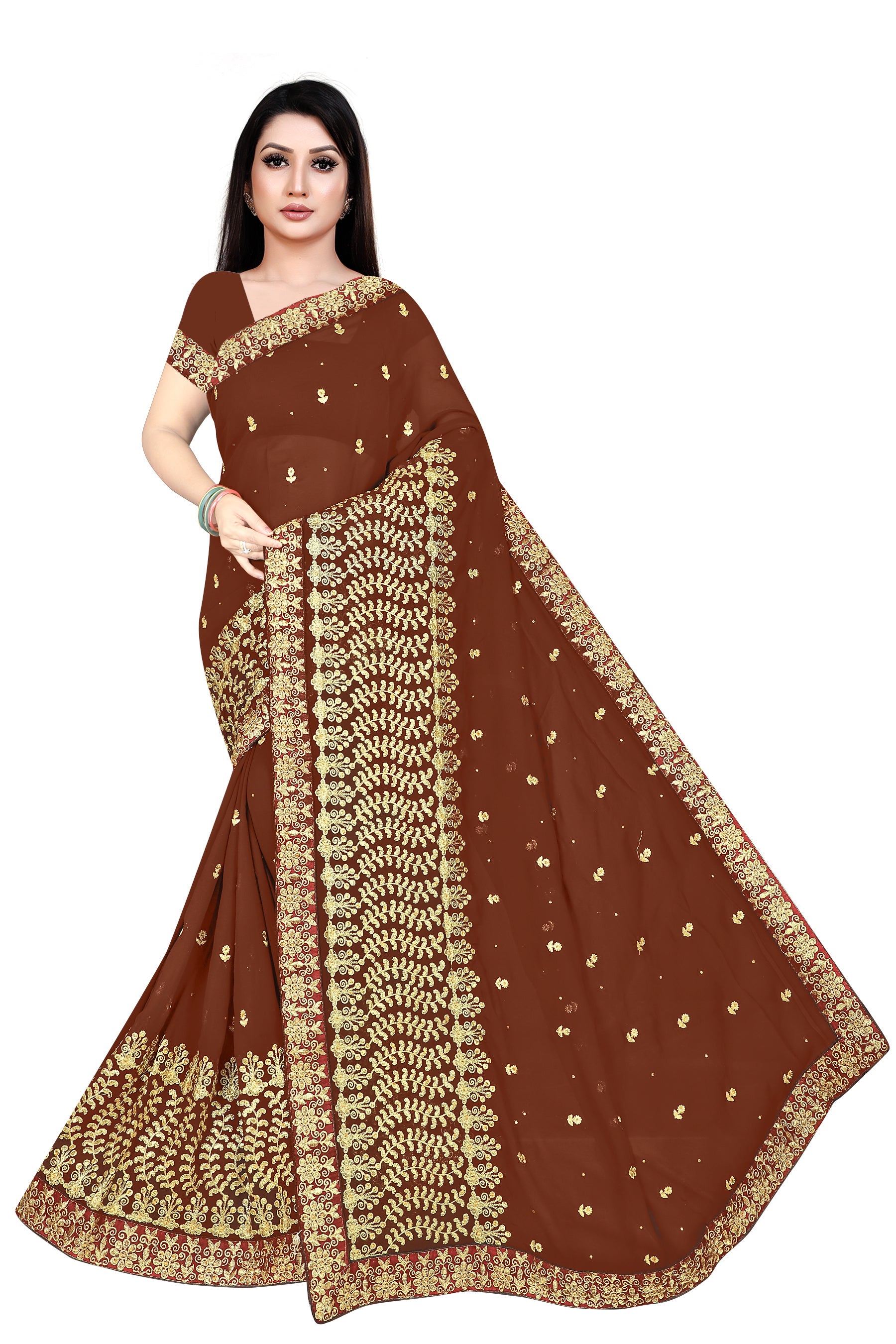 Royal Purple Georgette Embroidered Saree with Zari Work and Sequins