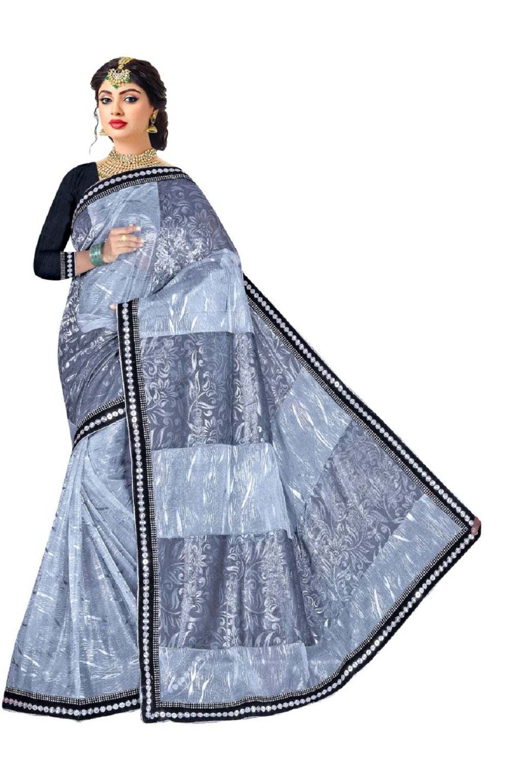 Elegant Grey Designer Saree with Black & Silver Embellished Border - Party & Festive Wear