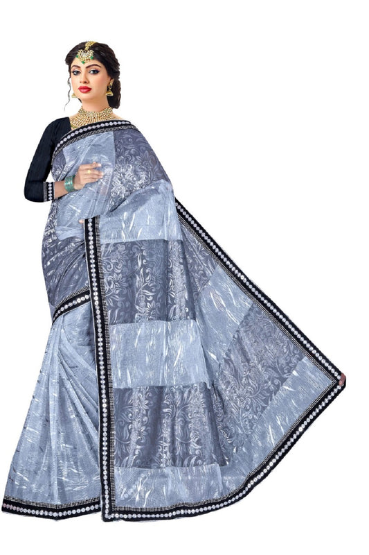 Elegant Grey Designer Saree with Black & Silver Embellished Border - Party & Festive Wear