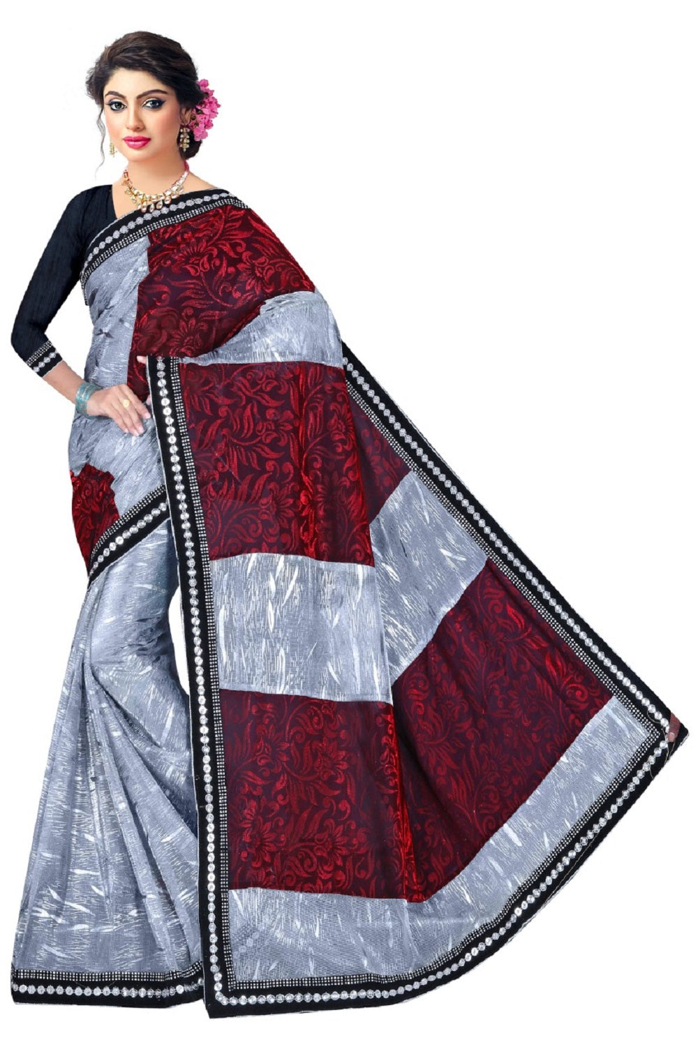 Elegant Grey Designer Saree with Black & Silver Embellished Border - Party & Festive Wear