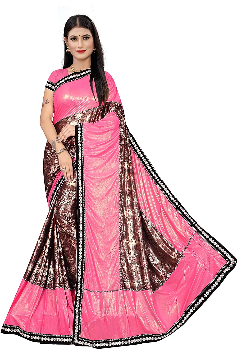 Luxurious Golden & Maroon Designer Saree with Intricate Black Border and Elegant Lace Detailing