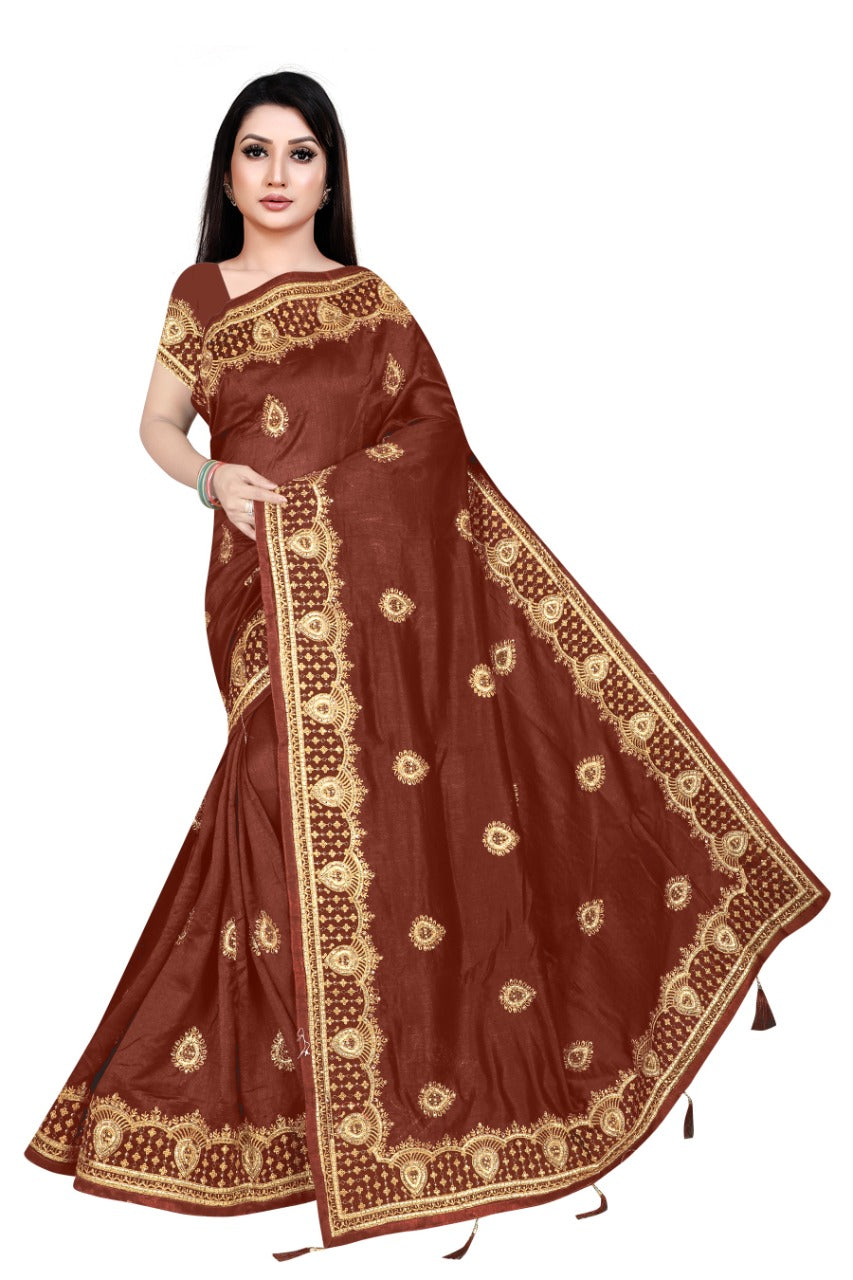 Elegant Maroon Silk Blend Saree with Rich Golden Embroidery